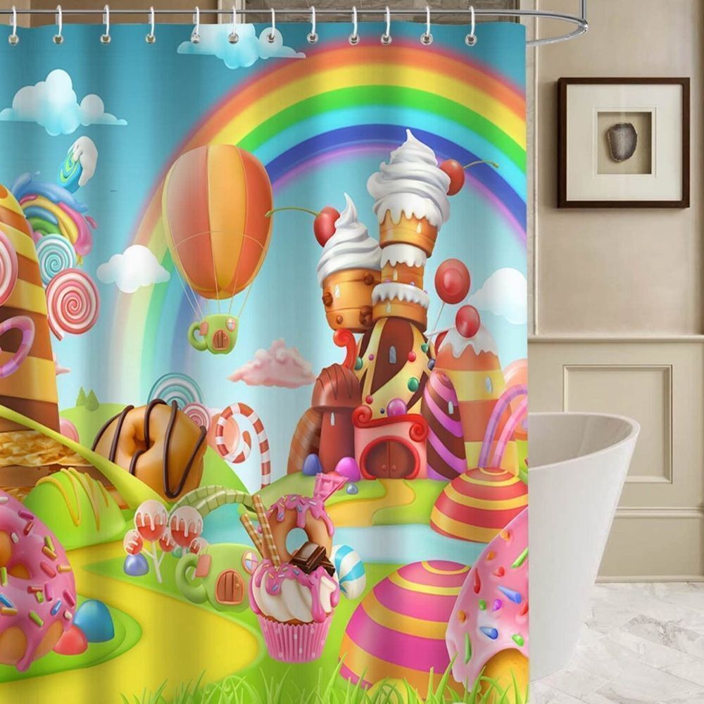 Fantastic Donut Castle Shower Curtain For Bathroom Kids Cartoon Doughnut